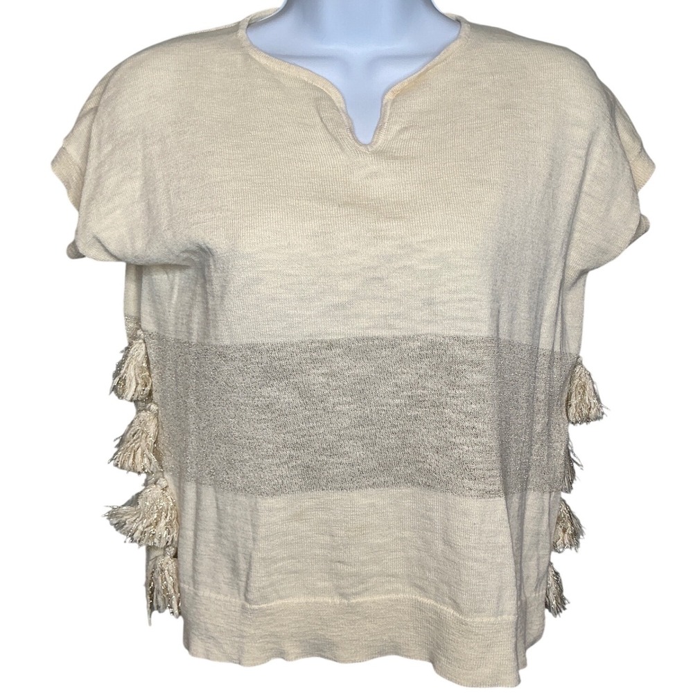 Crewcuts by J Crew Girls Cream Tassel Striped Short‎ Sleeve Sweater Top Size 12